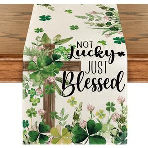 Artoid Mode Cross Clover Shamrocks St. Patrick's Day Table Runner, Not Lucky Just Blessed Kitchen Dining Table Decoration Home Party Decor 13x90 Inch (Green/Beige)