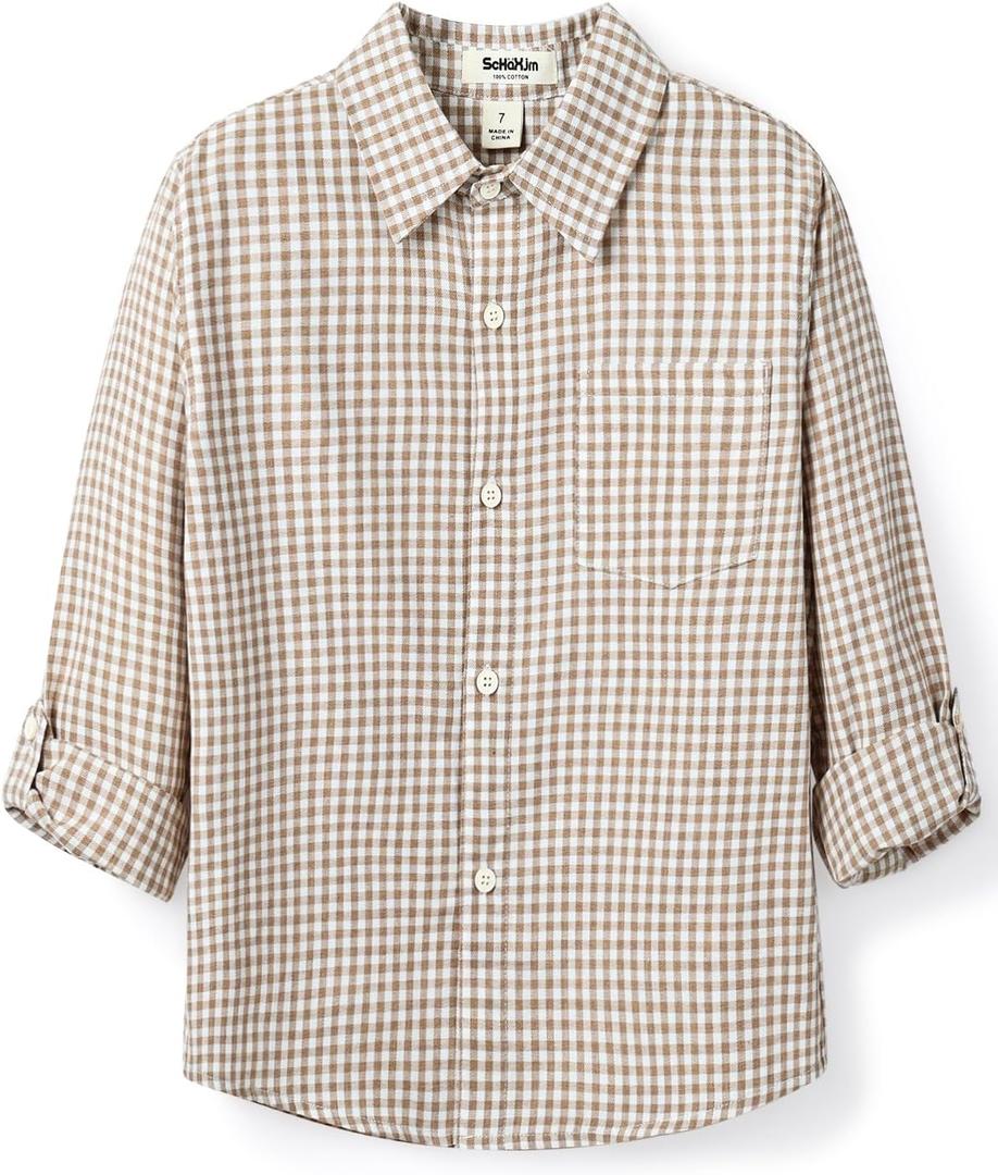 Boys' Long Sleeve Plaid Pure Cotton Button Down Shirt 3-10 Years (7, Brown)