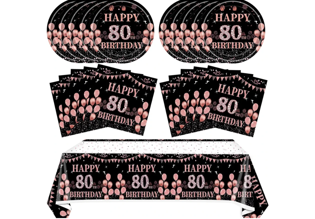 41PCS 80th Birthday Decorations for Women Vintage Rose Gold Black 1946 Party Supplies Kit Include 80th Birthday Plates and Napkins,Tablecloth Set 80 Years Brithday Party Tableware Kit for Girls Women