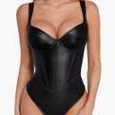 Popilush Leather Corset Bodysuit for Women Tummy Control V Neck Thong Shapewear Sleeveless Body Suit Tank Tops 3XL