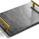 Black Real Marble Tray with Golden Handle, Natural Stone Decorative Tray with Metal Handle for Bathroom Kitchen Vanity Dresser Nightstand Desk, 11.8" x 7.9" Black