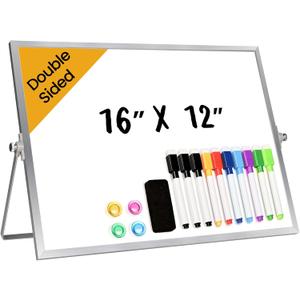 Desktop Whiteboard with Stand, 16" x 12" Double-Sided Dry Erase Board with Stand, Portable Stand White Board for Office, Home, School