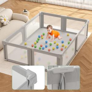 Seeday Baby Playpen with Mat for Babies and Toddlers, 73" x 61" Large Baby Play Pen Playard for Indoor & Outdoor with Soft Breathable Mesh, Ocean Balls and Pull Links, Dark Grey