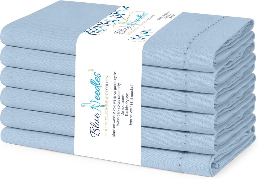 Blue Needles Set of 6 Hemstitch Linen Napkins 100% Cotton Ice Blue Cloth Dinner Napkins 18x18 inches - Spring Summer Easter - Soft, Reusable, Absorbent, Washable, Ideal for Parties & Everyday Use 