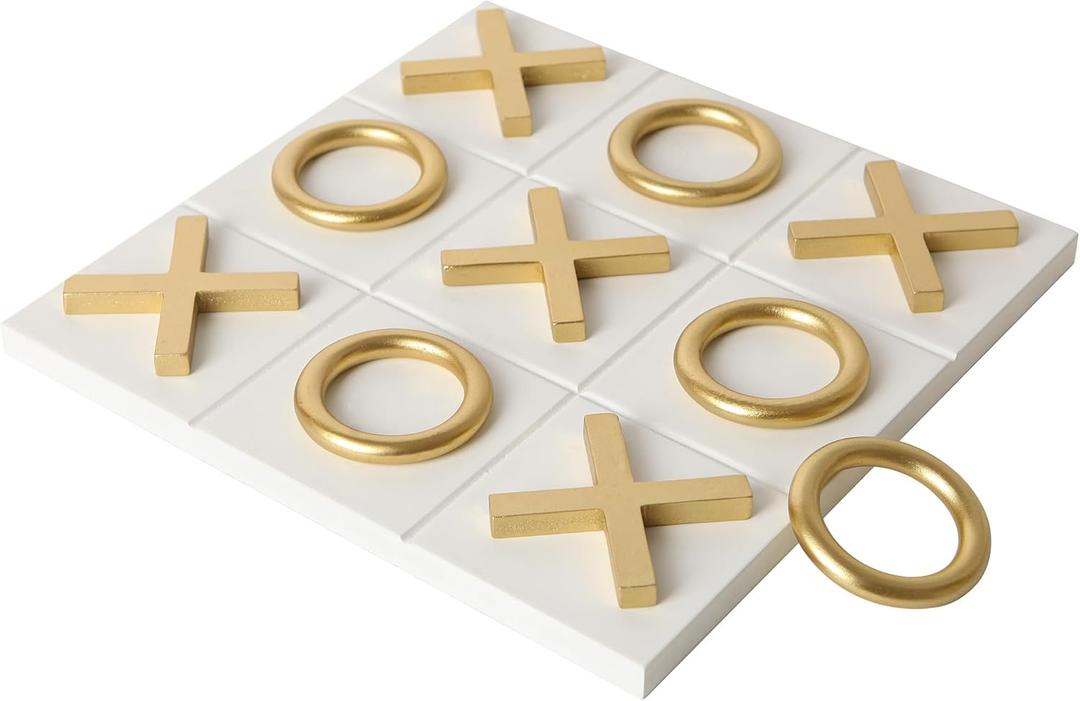 NIKKY HOME 12x12 Inch Tic Tac Toe Wood Game Board Classic Coffee Table Decor Modern Wooden Travel Game for Family, White & Gold