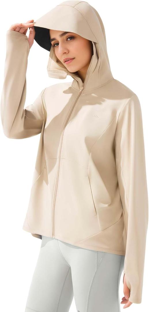 BENEUNDER Cooling Women's UPF 50+ Sun Protection Lightweight Hoodie Jacket Long Sleeve Active Sun Shirts for Outdoor Workout (Beige)