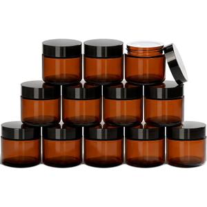 2 Oz Small Glass Jars with Lids, 12 Pack Airtight Amber Cosmetic Jars with Inner Liners Round Empty Travel Sample Containers for Lotions, Creams, Candles, Body Butters