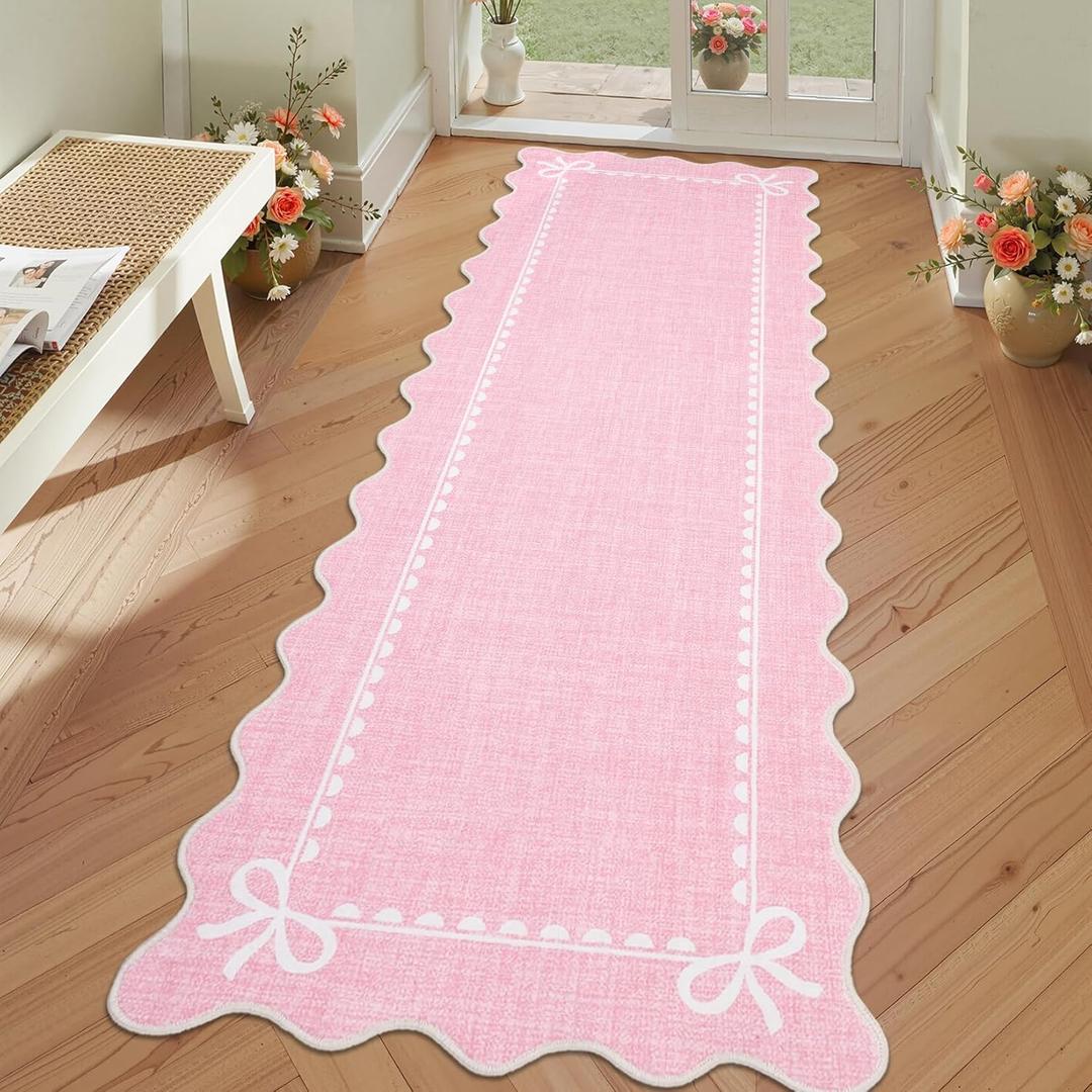 GarveeHome Scalloped Bow Rug for Living Room, Solid Pink Rug for Dorm, Washable Runner Rugs 2x6 Soft Low Pile Non Slip Scalloped Rugs for Nursery Bedroom Decor Hallway Entryway Playroom