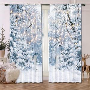 82" W x 84" L Winter Scene Window Curtain Blue Wonderland Snowflake Forest Landscape for Christmas Home Bedroom Living Room Decor Decorations with Fabric Machine Washable