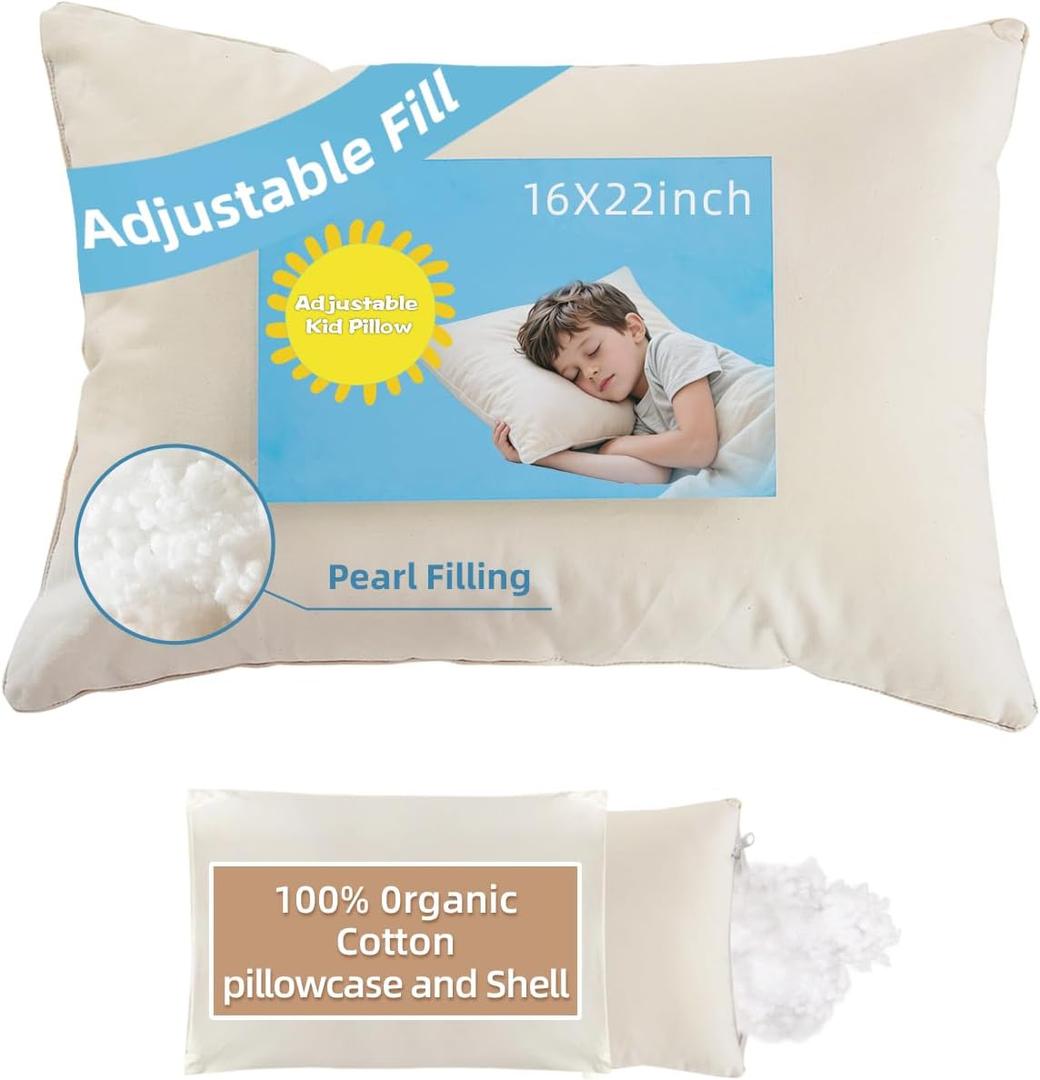 16x22 Kid Pillow with 100% Organic Cotton Pillowcase and Shell - Adjustable Youth Pillow Meets the Growth Need of Kids at Different Ages, Soft Non Toxic Pearl Filling, Machine Washable, Travel&School