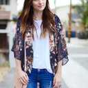 Women's Floral Print Puff Sleeve Kimono Cardigan Loose Cover Up Casual Blouse Tops 2026 (Blue, S)