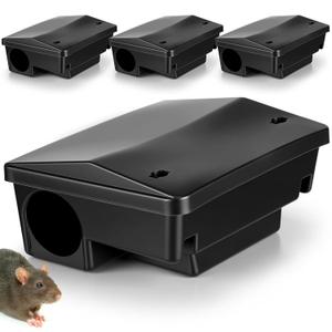 4 Pcs Rat Bait Stations Large Rodent with Key Reusable Mouse Stations Mice Blocks Heavy Duty Boxes for Outdoor Rodents Mice Blocks Station, Bait Not Included, Black (9 x 7.7 x 4.3 Inches)