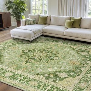 Area Rugs 9'x12' Washable Non-Slip, Floral Vintage Distress Print Pattern Medallion Carpet for Living Room Bedroom Dining Room, Sage Green Yellow