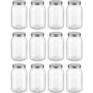 novelinks 32 oz Mason Jars with Plastic Lids, 12 Pack Large Plastic Salad Jars with Lids 32oz, Reusable Spice Containers & Kitchen Jars for Pantry Organization (12 Pack,Silver)