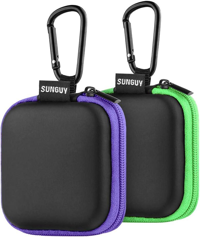 Sunguy 2-Pack Earbuds Case, Portable Small Earbud Carrying Case Storage Bag with Carabiner Clip for Earphones, Earpieces, SD Memory Card, Camera Chips - Green+Purple