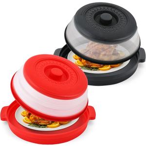 Microwave Splatter Cover for Food with Anti-scald Base Plate,Large Plastic & Silicone Vented Avoid Scalding Collapsible Guard Lid, Plate Holder & Kitchen Colander for Meal Prep-10.7 Inch (2 Pcs BRed)