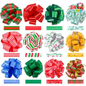 JOYIN 24 PCS Christmas Wrap Ribbon Pull Bows (5" Wide); Easy and Fast Gift Wrapping Accessory for Presents, Bows, Baskets, Wine Bottles Decoration, Xmas Gift Wrapping and Decoration Present (Colorful)