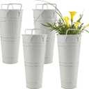 HOIGON 4 PCS Galvanized Metal Flower Vases, 9 Inch Rustic Farmhouse French Bucket with Handles,Metal Flower Holder for Weeding, Table, Home Decoration, White