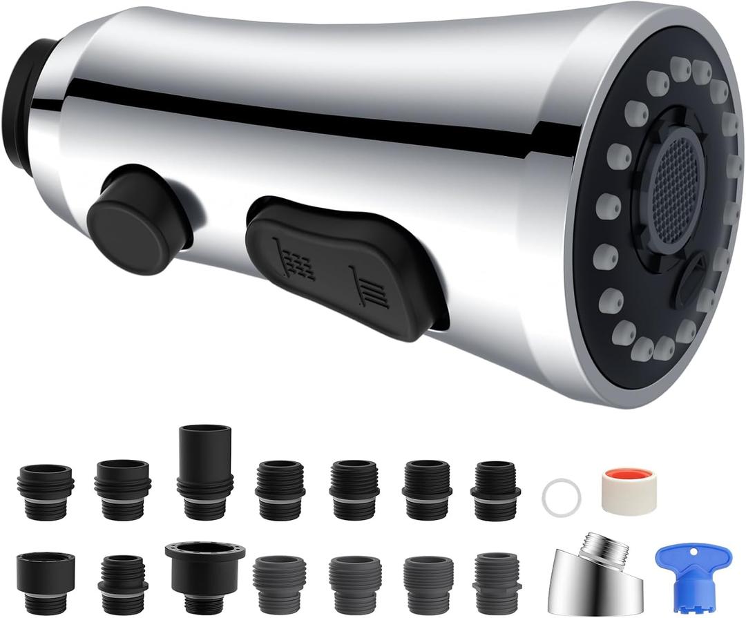 Hygie Rinse Universal Kitchen Faucet Head Replacement - 2.5GPM with 15 Adapter Kit Compatible with Kohler/Moen/Delta Faucet, 3 Function Pull Down Sink Faucet Spray Head, Chrome