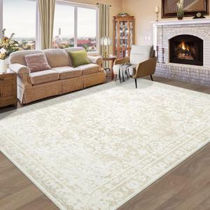 Vintage Living Room Area Rug - 6x9 Large Machine Washable Boho Area Rug Distressed Floral Rugs for Bedroom, Soft Non-Slip Indoor Floor Accent Rugs for Office Dining Room (Cream Beige, 6'x9') (6' x 9' (Rectangular))