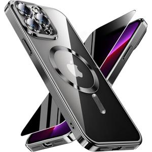 WEYNRBOX Magnetic for iPhone 13 Pro Max Case with Privacy Screen Protector & Full Camera Cover,[Non-Yellowing] Plating Glossy Soft Shockproof Clear Phone Case Women Girls for 13 ProMax,Black