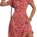 FENSACE Summer Short Sleeve V Neck Dress A Line Elegant Floral Midi Sundresses with Pockets, Size: Small