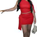 Women Two Piece Skirt Set Sexy Tie Crop Top & Mini Skirts Outifts Red, L
