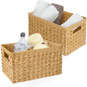 GRANNY SAYS Wicker Storage Baskets, Woven Baskets for Shelves, Waterproof Baskets for Organizing, Wicker Baskets with Handles, 2-Pack (13"L x 8 "W x 7"H, Natural)