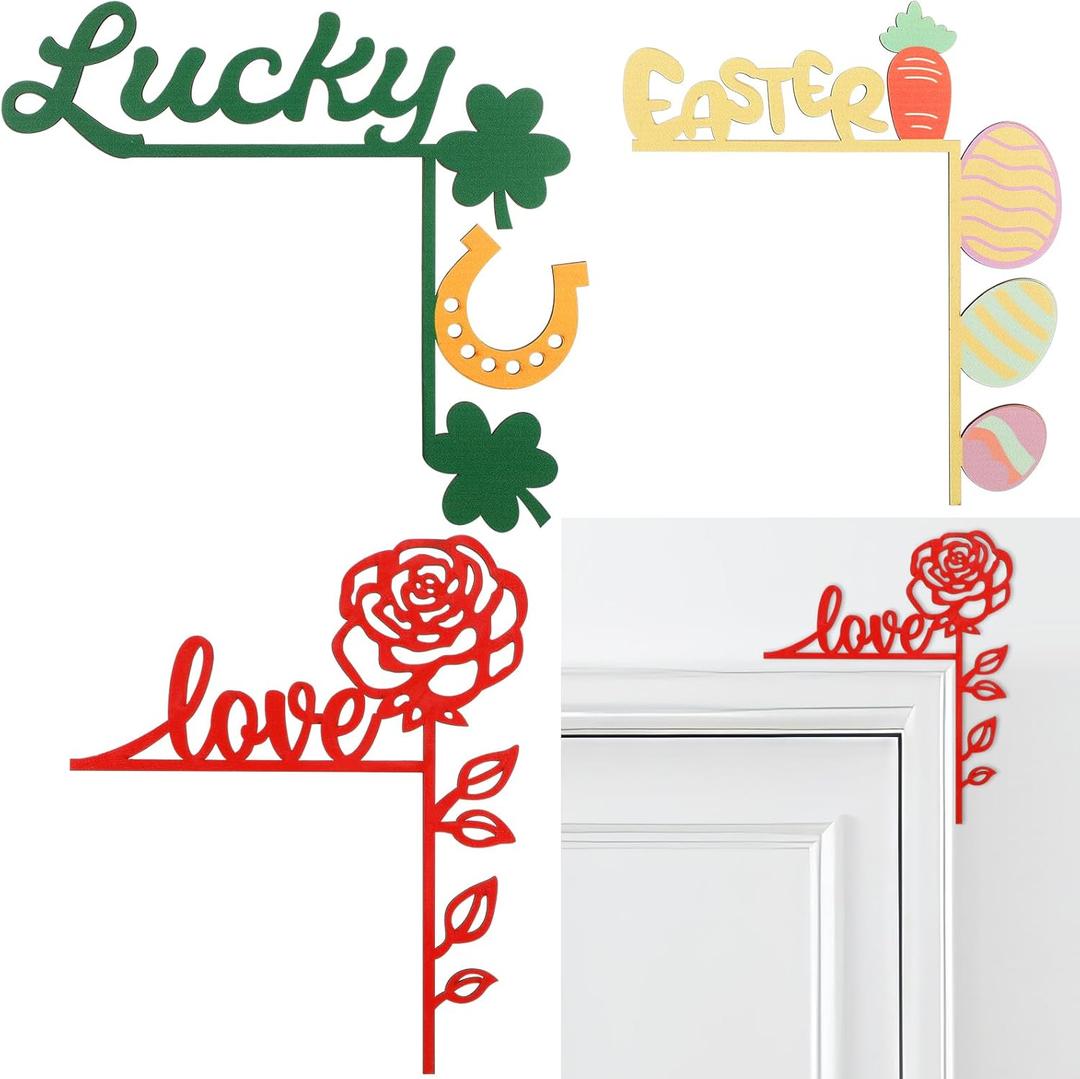 RattanView 3 Pcs St. Patrick's Day Door Corner Decor Easter Door Frame Signage Home Wooden Sign Roses Shamrock Eggs Carrot Funny Decor Party Decoration