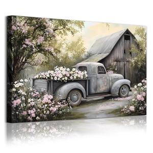 Deocorlevel Rustic Country Wall Art: Farmhouse Truck & Pink Flower Art, 24x16inch Unframed Canvas Print, Perfect for Bedroom, Living Room, Kitchen & Office
