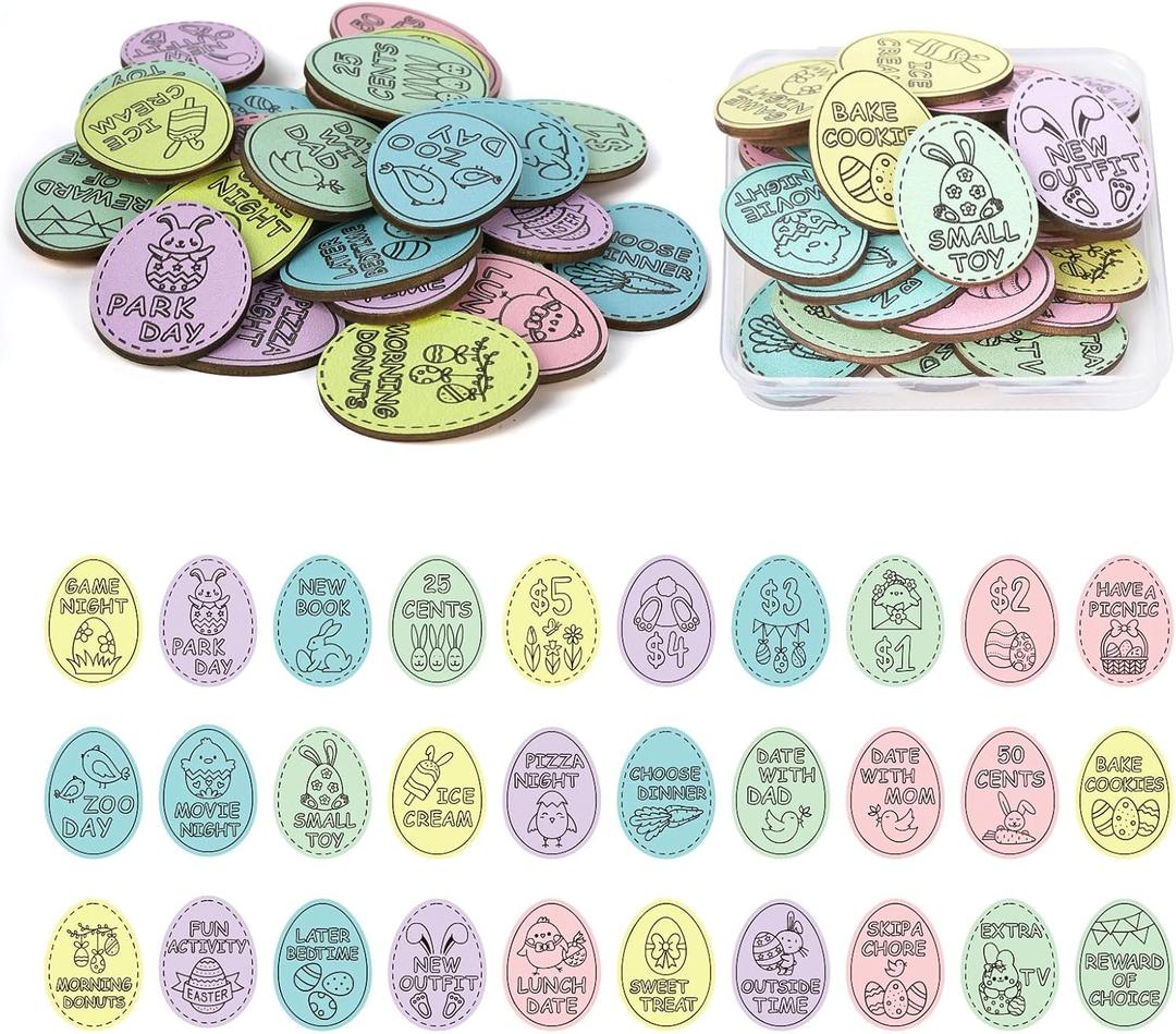 Easter Egg Fillers,30 Pack Wooden Easter Egg Tokens for Kid,Easter Stuffers with 30 Diffrent Engraved Sayings,Eater Filled Actity for Kids Teens Toddler Girls Boys (Egg)