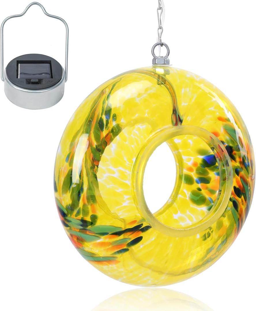 VCUTEKA Bird Feeder Solar Fly Through Bird Feeders for Outside Hanging with Round Shape Glass Container to Attract Wild Birds for Garden Decor, Yellow 8"