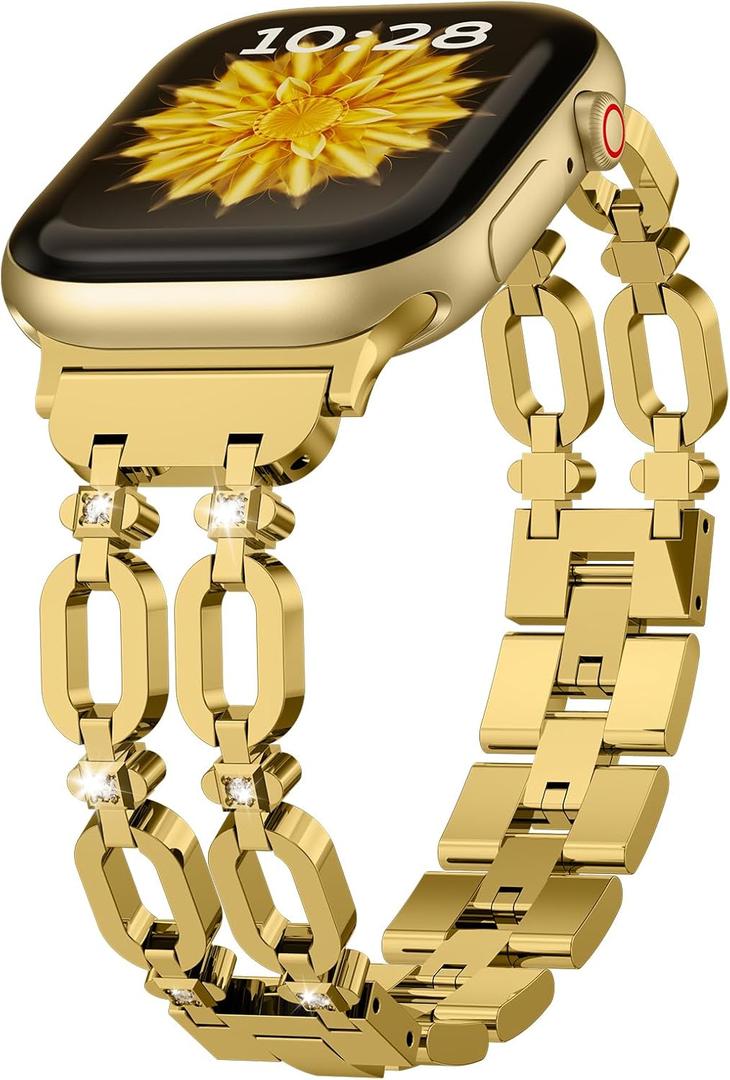 TAURI Metal Band for Apple Watch Bands 38/40/41/42mm, Adjustable Bling Diamonds Strap Fashion Cute Double Chain Thin Bracelet for iWatch SE 3/2, Series 9/8/7/6/5/4/3/2/1, Women- Gold