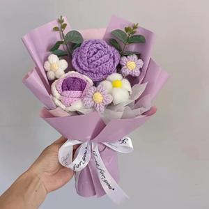 Crochet Handmade Flowers Bouquet for Women - Completed Crochet Rose Flowers Bouquet Gift for Best Friend Girlfriend Festival Wedding Graduation Anniversary (Purple)