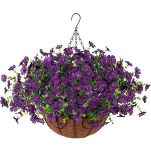 Artificial Fake Hanging Plants Flowers with Basket Outdoor Decor Faux Silk Dasiy Flower Arrangements in Pot Planter for Porch Home Indoor Patio Garden Yard Decoration (Purple 2)