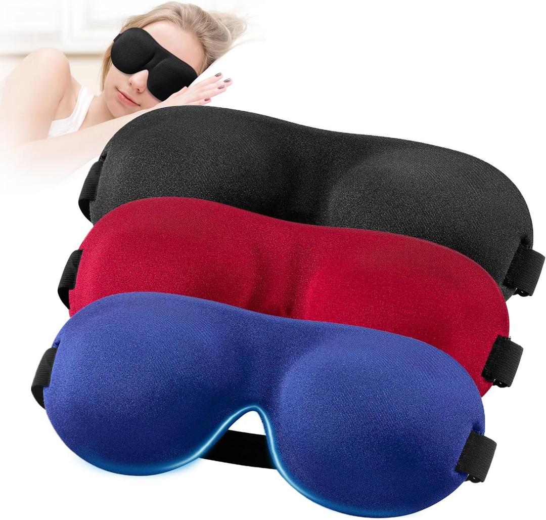 YIVIEW Sleep Mask for Back and Side Sleeper Pack of 3, 100% Light Blocking 3D Eye Masks for Sleeping, Lightweight & Breathable Eye Cover for Women Men, Zero Pressure Night Blindfold (Blue & Black & Red)