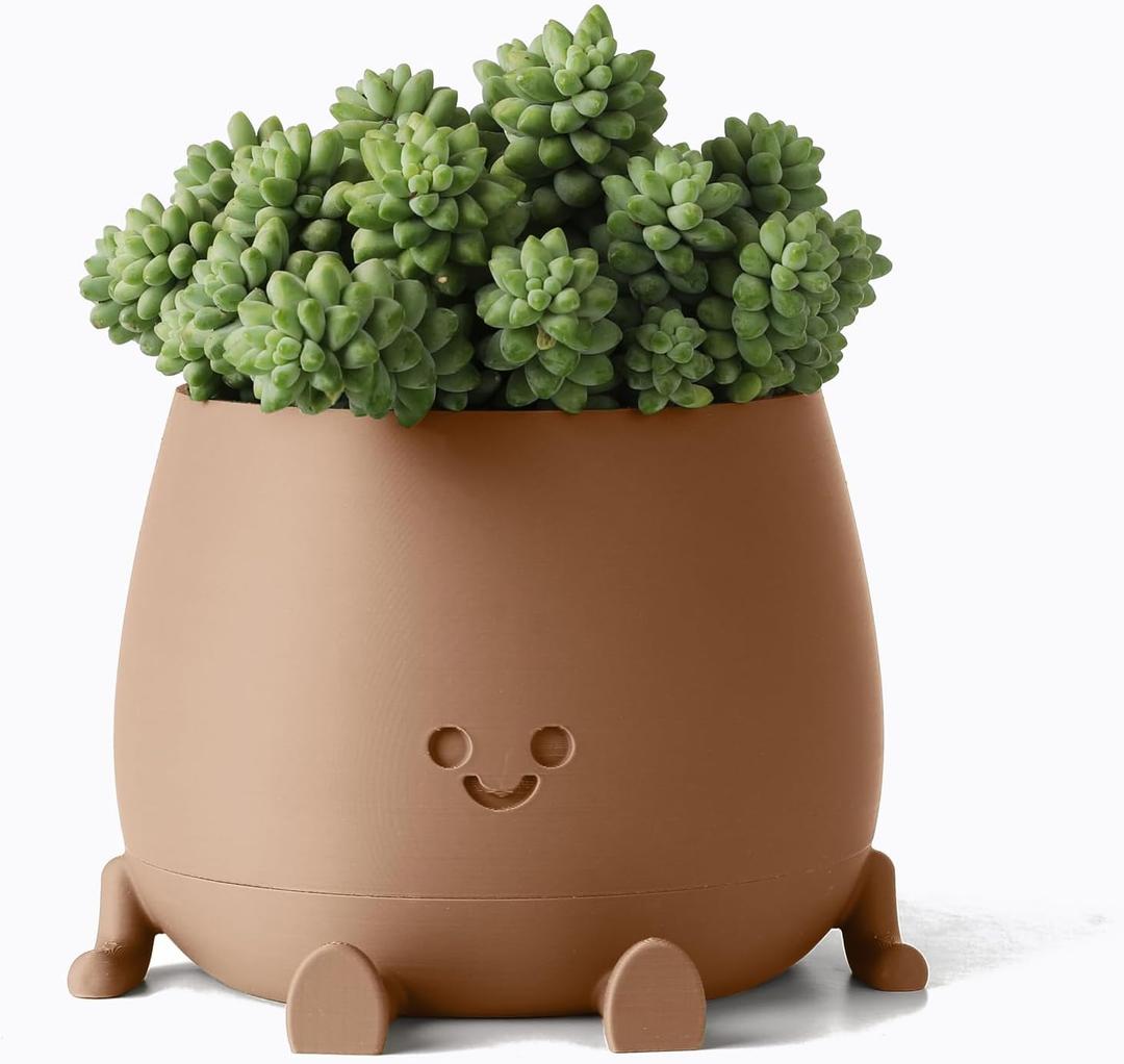 TOPOLA Happy Face Planter, 5.2 Inches Plastic Plant Pot, Self Watering Plant Pot with Drainage Holes for Indoor Outdoor, Succulent Pot, Funny Flower Pot, Khaki