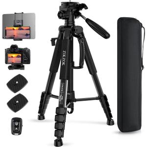 75" Camera Tripod, Aluminum Heavy Duty Camera Stand for ipad Phone, Travel Tripod with/Carry Bag/Phone Tablet Holder, Compatible with Canon Nikon Sony DSLR, Spotting Scopes, Max Load 15 Lb(Black)