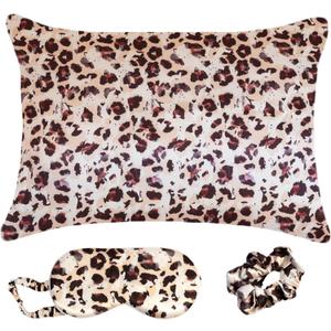 Satin Pillowcase Gift Set for Women  Brown Leopard, Silky Soft, Reduces Frizz | Includes Satin Eye Mask & Scrunchie | for Curly Hair, Sensitive Skin | Perfect (Brown Cheetah Print)