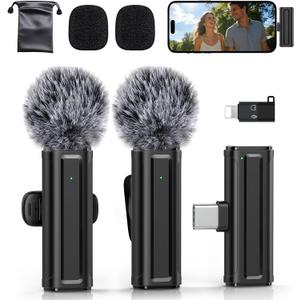Wireless Mini Microphone for iPhone, iPad, Android, 2 Pack Lavalier Mic with 360 Rotatable Clip, Plug and Play Noise Reduction USB-C Mic for Video Recording YouTube TikTok Podcast Content Creators