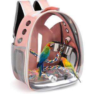 Bird Backpack Carrier, Travel Bird Cage for Small Medium Size Parrot Parakeet Budgies Cockatiel, Portable Clear Bubble Window Bag with Stainless Steel Tray Food Bolw Standing Perch (Pink)