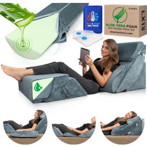 Lunix 6pcs Orthopedic Bed Wedge Pillow Set, Post Surgery Aloe Vera Memory Foam for Back, Neck, Leg Pain Relief, Adjustable Sitting Pillow for Sleeping, Acid Reflux and GERD, with Hot Cold Pack, Navy