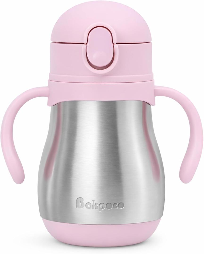 Bakpoco Stainless Steel Sippy Straw Cup for Toddlers 13 Years Old, Insulated Toddler Water Bottle Baby Training Tumbler with Handles, 8oz Kids Straw Cups for Travel, Daycare & At Home, Pink