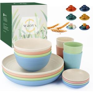 Wrova Wheat straw plates and bowls sets of 16 - Unbreakable wheat straw dinnerware sets for kids - Alternative plastic dinnerware set service for 4 - Microwave safe and Dishwasher safe bowls. Nordic