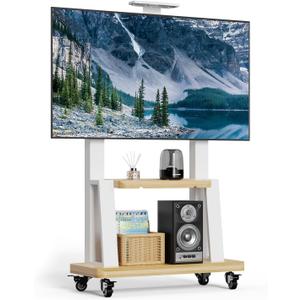 Mobile TV Stand Rolling TV Cart with Wheels for 32-75 Inch Flat/Curved Led/LCD/OLED Portable Floor TV Stand with Shelf, Height Adjustable Heavy-Duty Holds up to 180lbs,Max VESA 600 * 400mm (White)