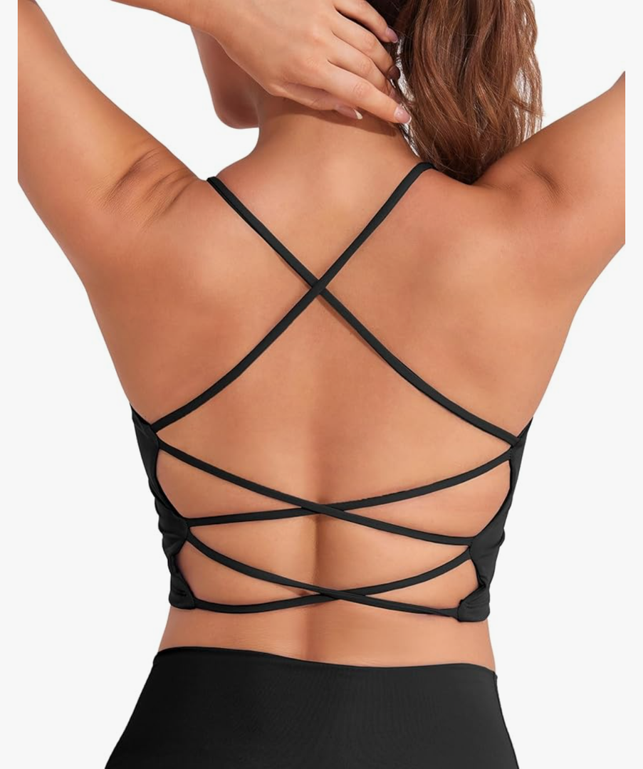 DaiLiWei Strappy Sports Bras for Women High Support Longline Open Back Workout Tops Padded Cross Yoga Crop Tank Built in Bra L