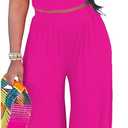 2 Piece Outfits for Women Sexy Backless Short Sleeve Crop Top High Waist Wide Leg Long Pant Sets Tracksuit Sport Set (Pink, XXXL)