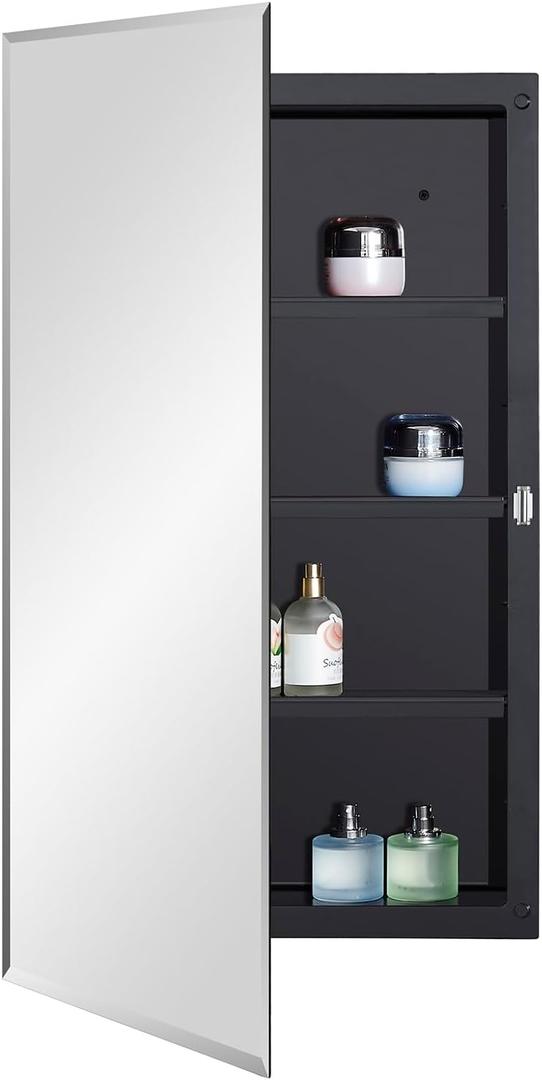 IDYLLOR Black Plastic Medicine Mirror Cabinet for Bathroom with 16 x 28 inch Beveled Edge Mirror, Recessed and Surface Mount
