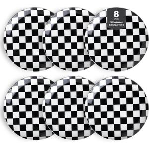 Ceramic Dinner Plates Set of 6-8 Inch Checkered Salad Plates, Microwave, Oven & Dishwasher Safe, Modern Minimalist Dessert Plates Geometric Black and White Plates for 6