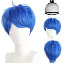 JoneTing Short Blue Wig+Hair Cap Women Blue Layered Wig with Bangs for Men Blue Layered Hair with Bangs Short Blued Cosplay Wigs Halloween Themed Party